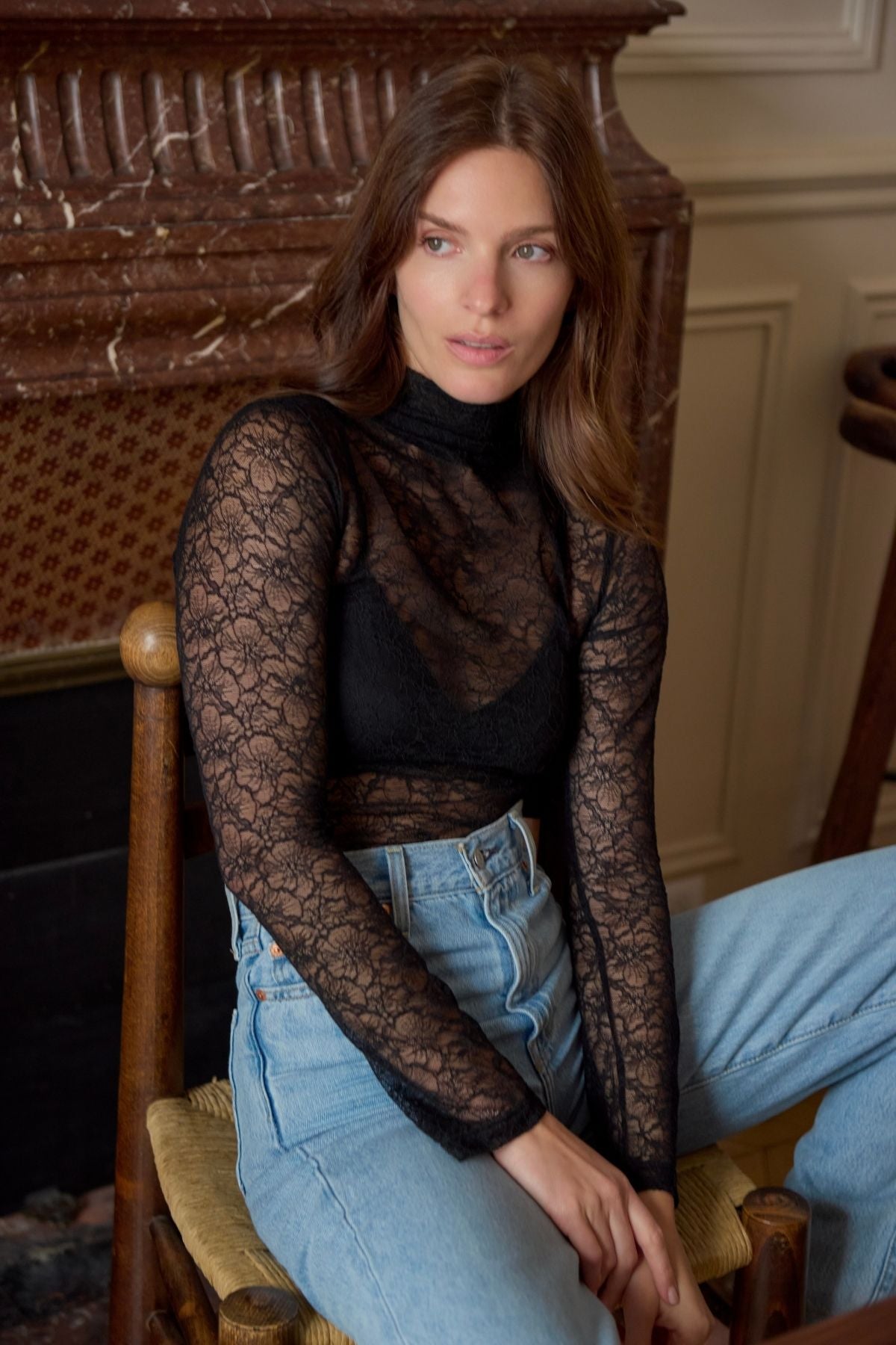 Marie Mock Neck Long Sleeve Top | Black